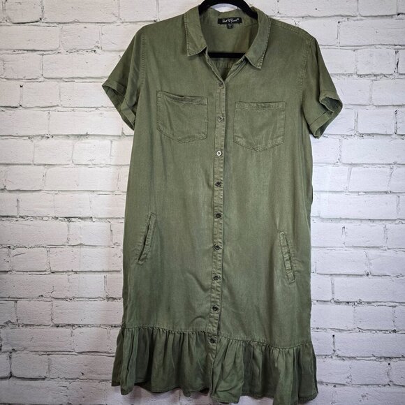 ARMY GREEN SHIRT DRESS RUFFLED HEM BUTTON FRONT COTTON SIZE SMALL VELVET HEART - Picture 1 of 6